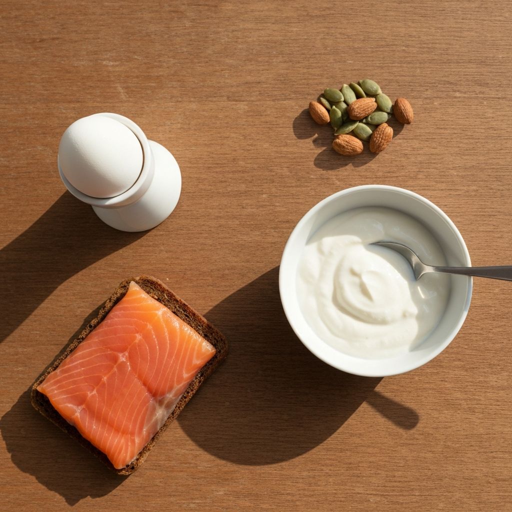 Overhead flat-lay of protein-rich UK breakfast foods including boiled eggs in egg cup, Greek yoghurt in white bowl, smoked salmon on bread, and nuts and seeds