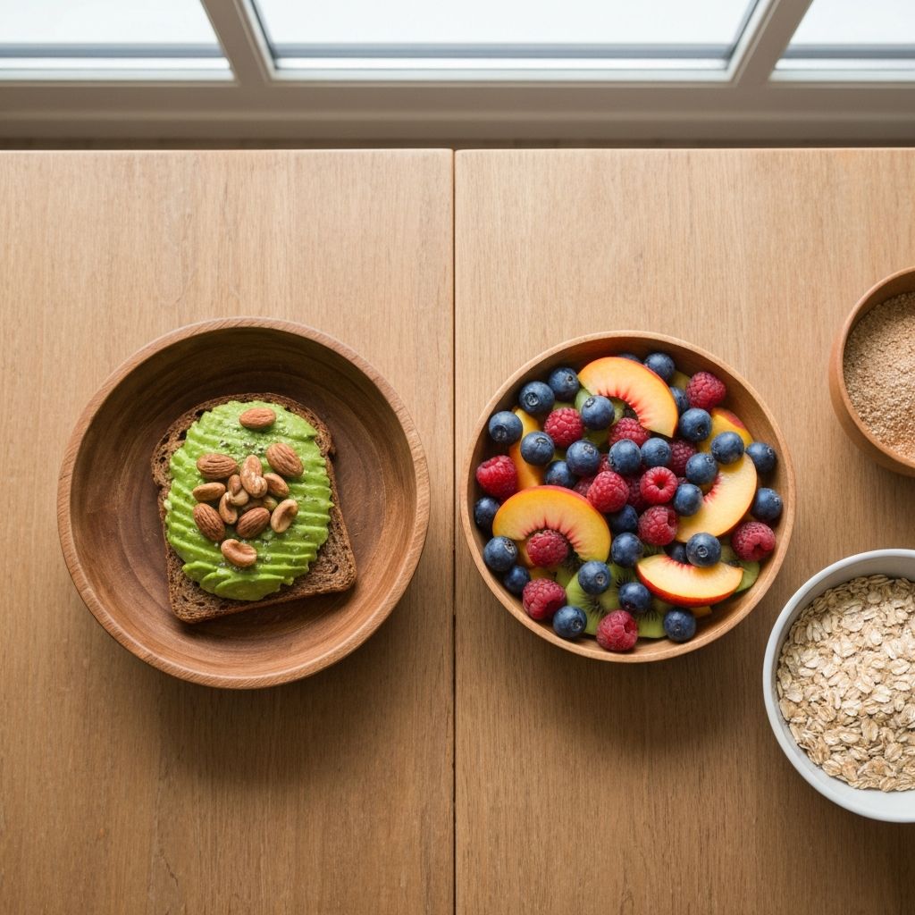 Overhead comparison showing high energy density foods like avocado and nuts alongside low energy density foods like fresh berries and oats