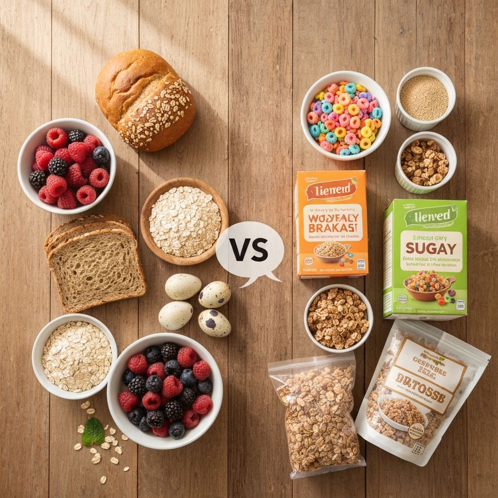 Comparison of whole-food breakfast items alongside processed breakfast options