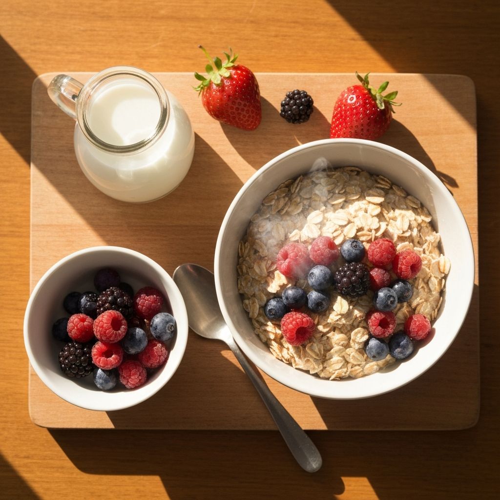 Steaming bowl of porridge with fresh berries in soft morning light
