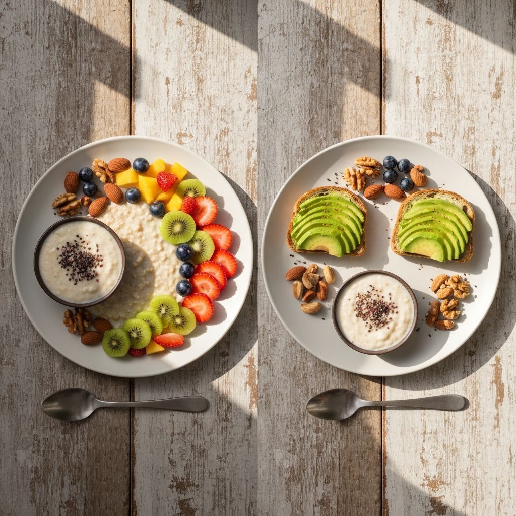 Overhead comparison showing high energy density foods like nuts and avocado alongside low energy density foods like fresh berries and oats