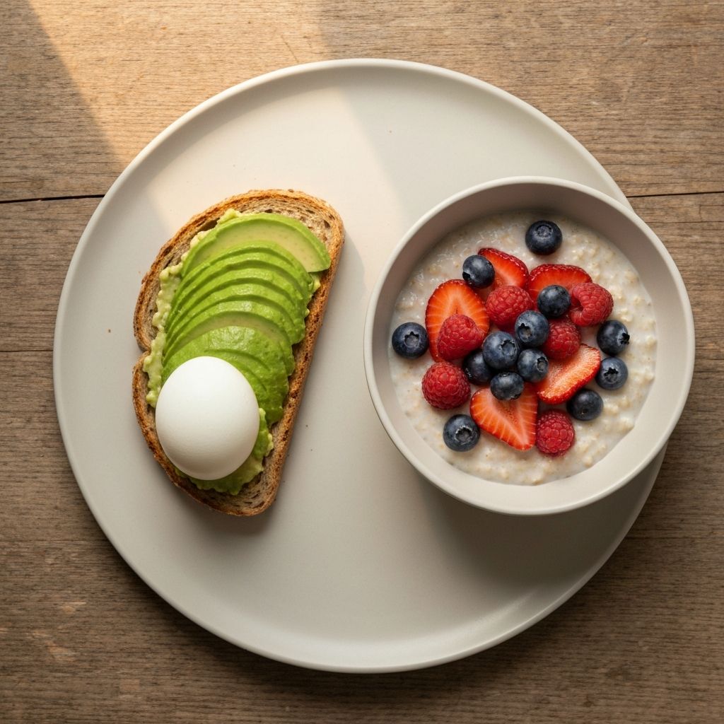 Overhead view of a breakfast plate with porridge, berries, and wholegrain toast in natural morning light