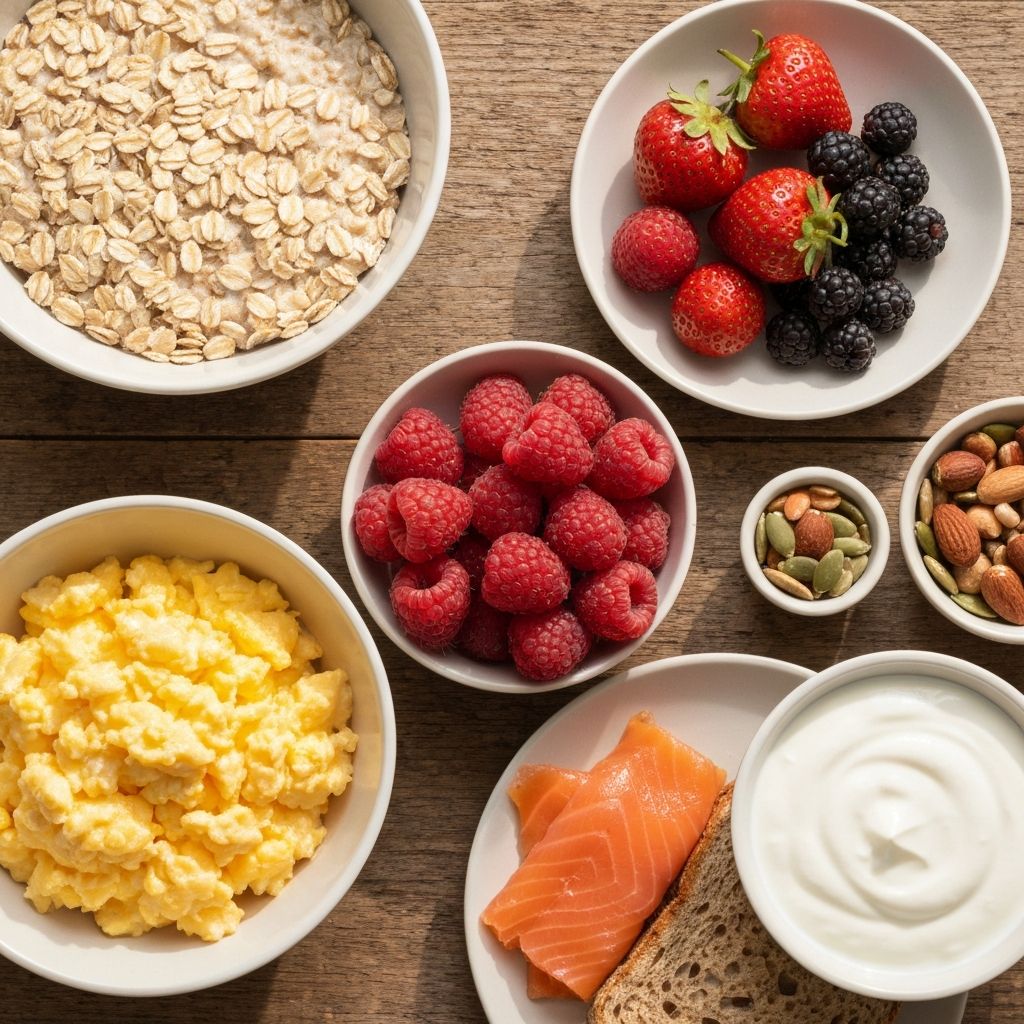 Overhead arrangement of common UK breakfast whole-food components including oats, eggs, yoghurt, berries, nuts, seeds, salmon, and wholegrain bread